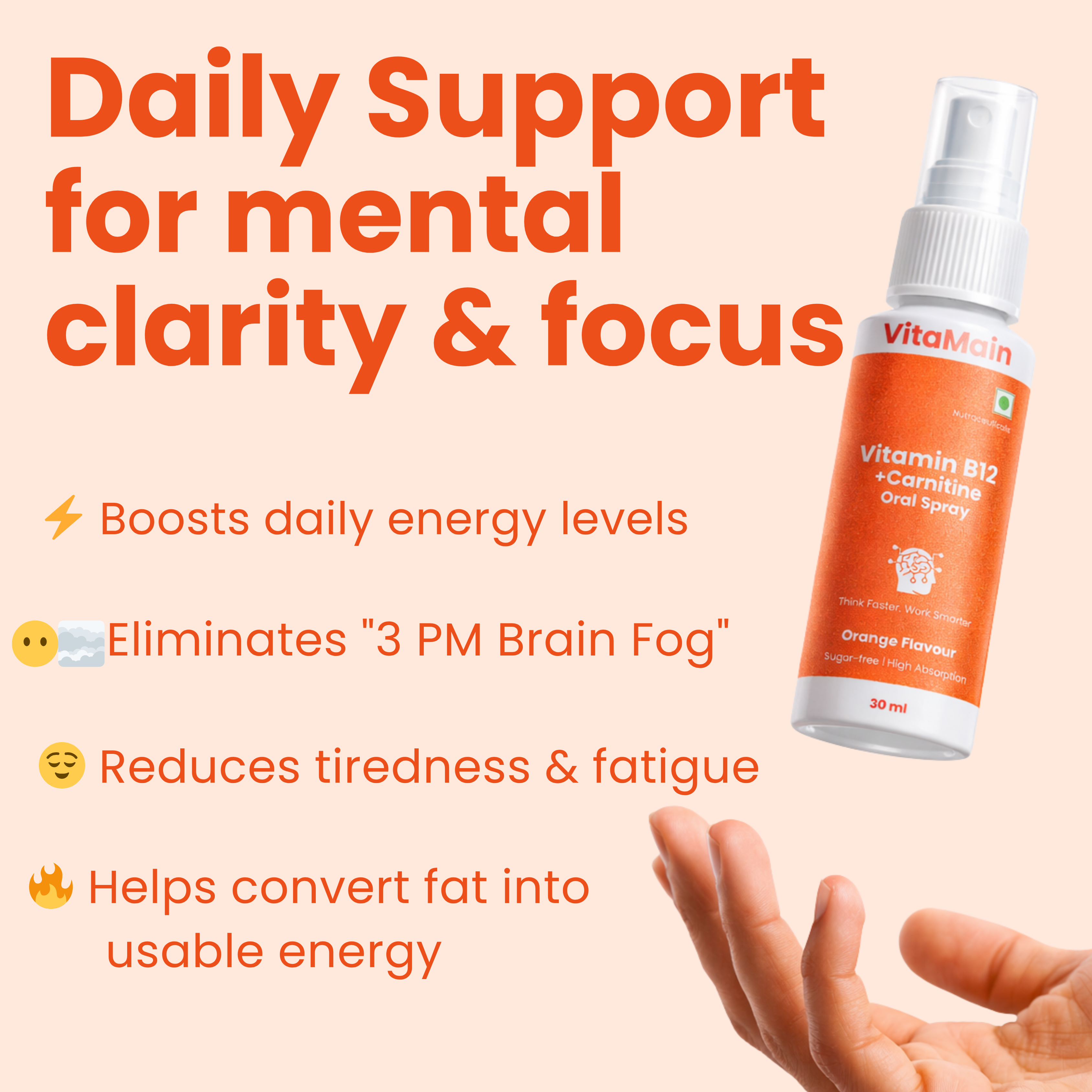 Vitamin B12 Oral Spray with L-Carnitine | Instant Energy, Focus & Fatigue Support | Fast Absorption