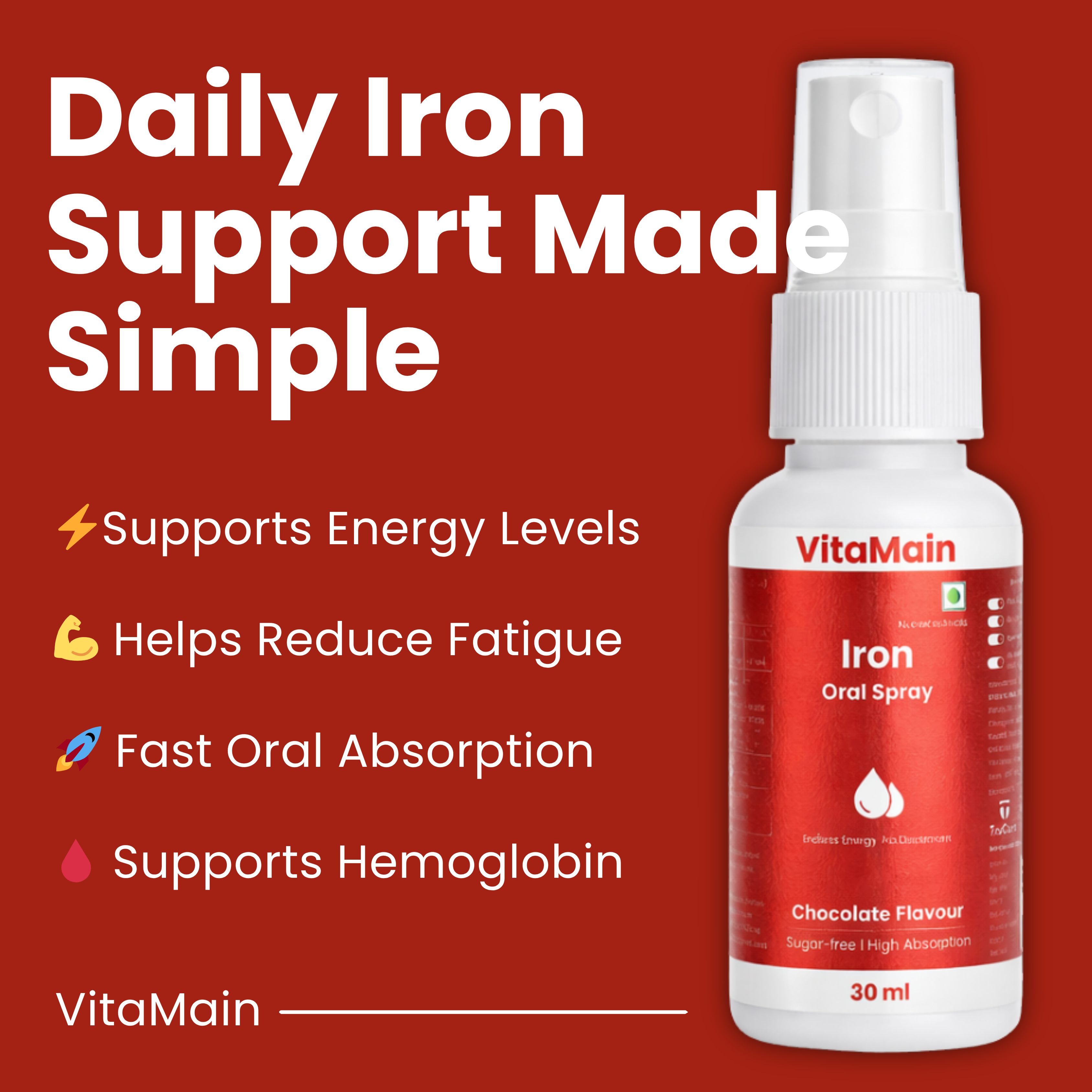VitaMain Iron Oral Spray | Daily Iron Support for Energy & Hemoglobin | Gentle on Stomach | Fight Tiredness