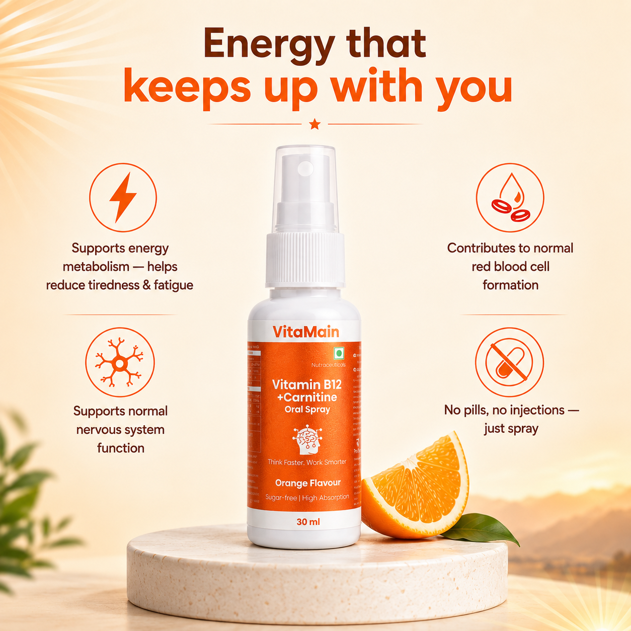 VitaMain Vitamin B12 Oral Spray with L-Carnitine | Daily Energy Support | Fast Absorption | 30ml