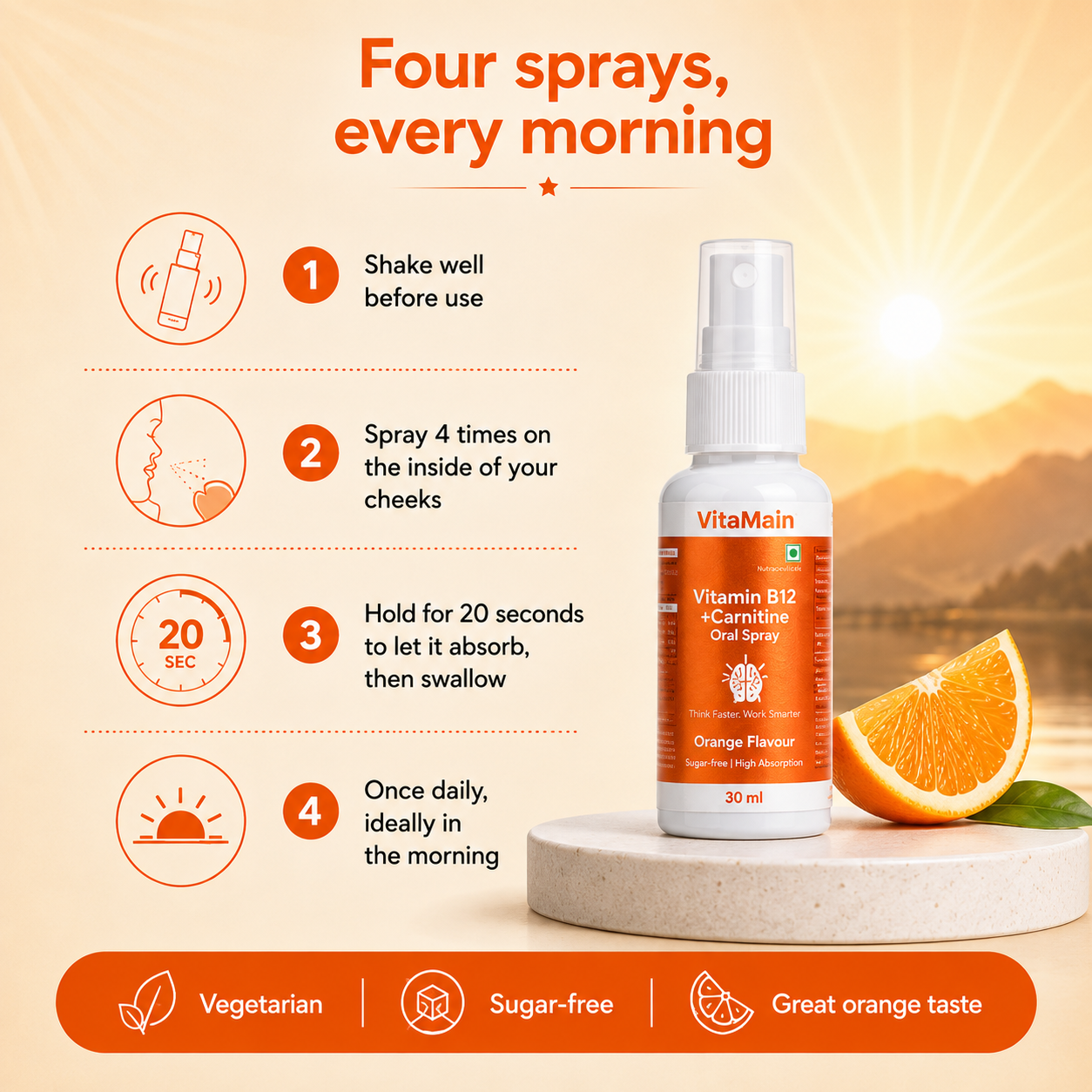VitaMain Vitamin B12 Oral Spray with L-Carnitine | Daily Energy Support | Fast Absorption | 30ml