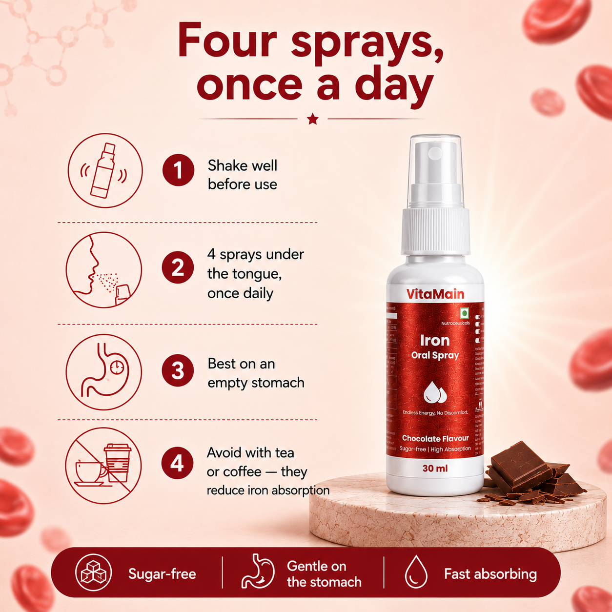 VitaMain Iron Oral Spray | Daily Iron Support for Energy Levels | Gentle on Stomach | Fast Absorption | 30ml