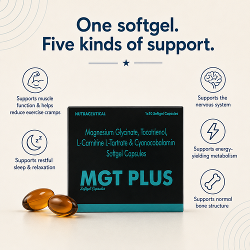 MGT Complex Softgels — Magnesium Glycinate, B12, L-Carnitine & Tocotrienol | Muscle, Energy & Wellness Support | 30 Softgels