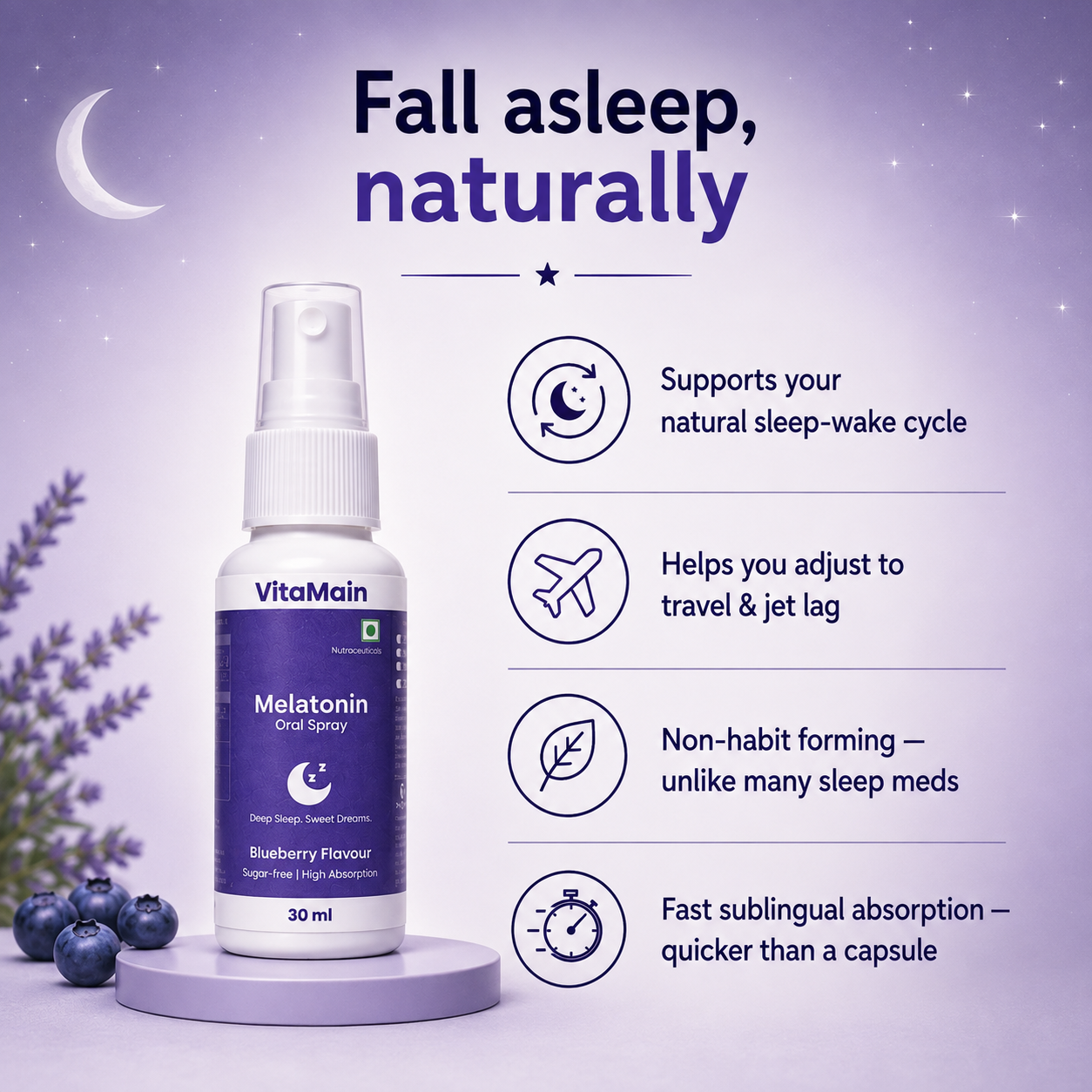 VitaMain Melatonin Oral Spray ( 10mg) | Sleep Support | Non-Habit Forming | Fast Absorbing | 30ml