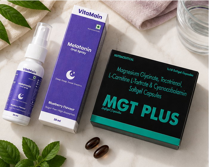 Deep Sleep & Recovery Combo – Melatonin (10 mg)  Spray + MGT Magnesium Softgels